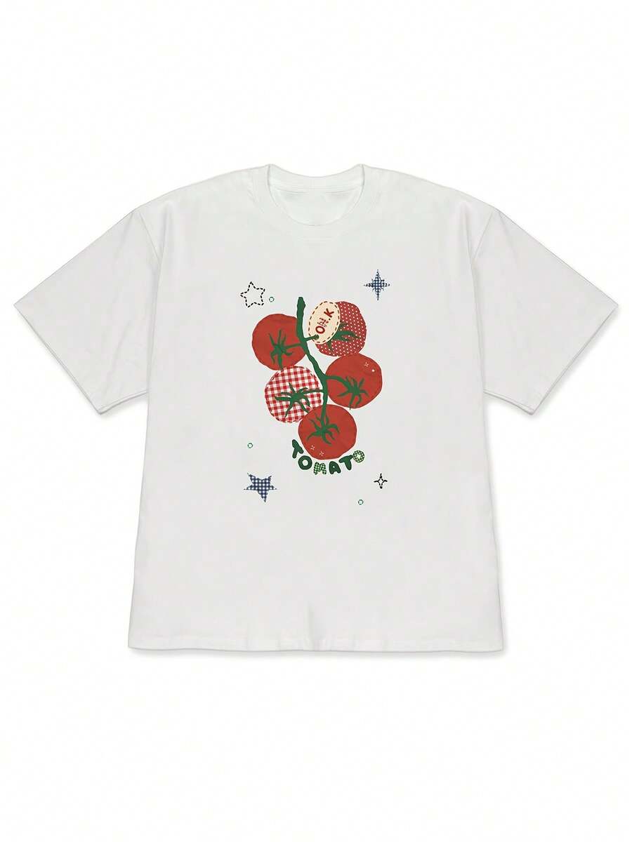 Éxito de  2026: Camiseta de manga corta para mujer, estilo vintage a cuadros con estampado divertido de tomates, hombros descubiertos, para primavera/verano. Estilo fresco y campestre, corte holgado. Una opción popular entre los coreanos como top casual - Tela suave y ligera.