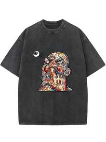 1 pieza de camiseta lavada para hombre de 230 g |   Estilo callejero vintage, estampados artísticos vibrantes, adecuado para todas las estaciones, lavable a máquina, regalo ideal para las fiestas. - Negro - Ver 7