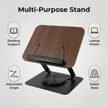 Luminpool Wooden Book Stand For Reading, Adjustable Book Holder With 360° Rotating Base & Elastic Page Clips, Foldable Book Display Stand - A - View 4