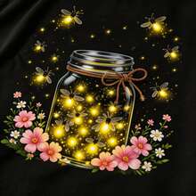 Glow Firefly Jar Graphic Tee Women Cute Summer Casual Short Sleeve Round Neck Aesthetic T-Shirt - Negro - Ver 4