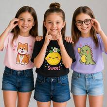 Set de 3 camisetas de niña con estampado de dibujo animado de capibara, de cuello redondo y manga corta para el verano - Naranja - Ver 3