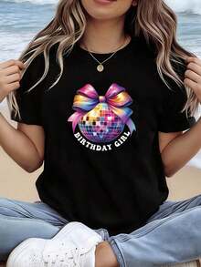 Camiseta de manga corta y cuello redondo para mujer con estampado gráfico de cumpleaños, perfecta para salidas informales, regalos de vacaciones y reuniones con - Negro - Ver 1
