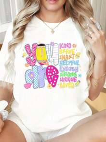 Camiseta de Mujer con Estampado Gráfico, Algodón Ligero, Verano. Camiseta de Mujer con Cuello Redondo y Mangas Cortas, Estampado Divertido. Eres Amable, Valiente, Inteligente, Servicial, Lo Suficientemente Fuerte, Única. Camiseta Gráfica Amada para Mujer, Diseño Bonito y Colorido, Mensaje Motivacional, Top de Moda. Adecuada para el Día de San Valentín, Navidad, Fiestas, Actividades Deportivas, Fiestas de Vacaciones, Salidas, Deportes y Otros Regalos Festivos (220g).Oversize Camiseta Mujer Estampado 100% Algodón Puro - Negro - Ver 5