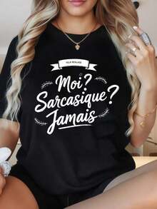 Camiseta de Mujer con Estampado Gráfico, Algodón Ligero, Verano, Cuello Redondo, Manga Corta, Camiseta con Slogan Francés Divertido "Moi Sarcasique Jamais", Camiseta Casual de Manga Corta para Mujer, Camiseta Gráfica Negra con Humor, Estampados Divertidos son Adecuados para Fiestas de Navidad, Actividades Deportivas, Fiestas de Vacaciones, Salidas, Deportes y Otros Regalos Festivos (220g). Oversize Camiseta Mujer Estampado 100% Algodón Puro - Negro - Ver 1