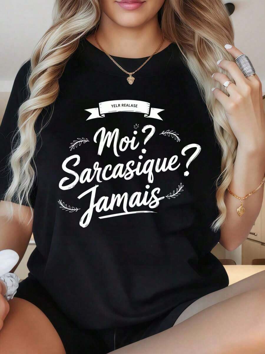 Camiseta de Mujer con Estampado Gráfico, Algodón Ligero, Verano, Cuello Redondo, Manga Corta, Camiseta con Slogan Francés Divertido "Moi Sarcasique Jamais", Camiseta Casual de Manga Corta para Mujer, Camiseta Gráfica Negra con Humor, Estampados Divertidos son Adecuados para Fiestas de Navidad, Actividades Deportivas, Fiestas de Vacaciones, Salidas, Deportes y Otros Regalos Festivos (220g). Oversize Camiseta Mujer Estampado 100% Algodón Puro - Negro - Ver 1