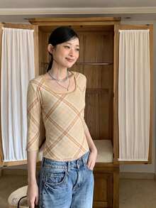 Blusa corta de manga corta con cuello cuadrado de malla a cuadros con estilo retro americano, ajustada y sexy para el verano - Caqui - Ver 6