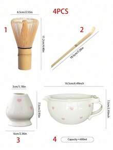 1pc/2pcs/3pcs/4pcs Pink Bow Ceramic Matcha Set, Includes Matcha Bowl, Whisk, Scoop, Stirrer, Baking Tools, Japanese Style Gift Box, Matcha Preparation Tools Set, Gift For Friends - Pink Heart 4-piece Set - View 14
