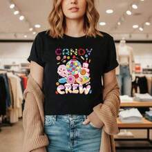 Women's Candy Crew Graphic Print Cotton T-Shirt, Crew Neck, Short Sleeve, Casual Style, Sizes S-5XL, Sweet Donut And Lollipop Design, Loose Fit For Everyday Wear, Soft, Breathable And Comfortable, Summer Basic T-Shirt. Versatile For Casual Daily Wear. Soft - 黑色 - 查看 1