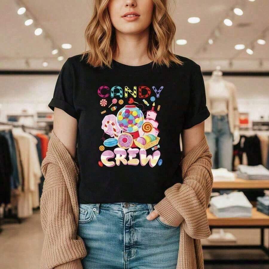 Women's Candy Crew Graphic Print Cotton T-Shirt, Crew Neck, Short Sleeve, Casual Style, Sizes S-5XL, Sweet Donut And Lollipop Design, Loose Fit For Everyday Wear, Soft, Breathable And Comfortable, Summer Basic T-Shirt. Versatile For Casual Daily Wear. Soft - 黑色 - 查看 1