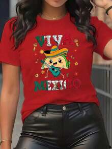 GiftCamiseta gráfica Viva México de talla grande para mujeres - 100% algodón, manga corta, cuello redondo, top casual con diseño vibrante de la cultura mexicana, estampado de maracas, sombrero y chile, y rojo/azul verde, lavable a máquina, comodidad para todas las estaciones, ideal para el veranoSoft - Rojo - Ver 3