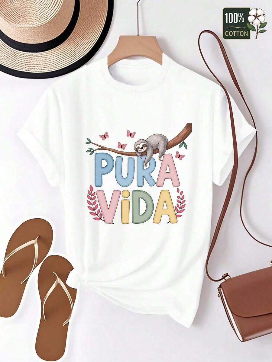 Gift Women's Sloth Watercolor T-Shirt - 100% Comfortable Fit, Tropical Design Featuring Sloths And Hibiscus Flowers, Casual Crew Neck Top Suitable For Beachwear, Vacations, And Everyday Wear, Relaxed Style, Summer Essential, Hibiscus Print, Soft Fabric, Breathable Material, Bohemian Fashion Style. Soft - 白色的 - 查看 1
