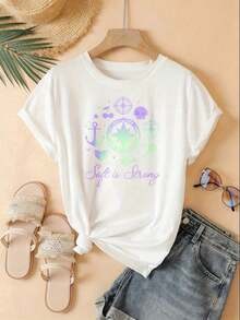 Crew Neck T-Shirt With A Fun Print, 100% Cotton. "Soft Is Strong" Women's T-Shirt With Magical Symbols And A Star Design For Female Empowerment And Spiritual Fashion. Suitable For Sporting Events, Holiday Parties, Outings, Sports, And Other Holiday Gifts. Comfortable, Versatile Short-Sleeved Top. - 白色的 - 查看 6