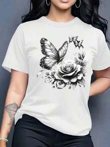 Women's Modern, Casual T-Shirt, Perfect For Parties And Lounging At Home. 100% Cotton, Loose Fit. Loose Fit. Women's Pure Cotton T-Shirt With Fashionable Letter Print, Round Neck, Simple Design, Comfortable And Breathable, Suitable For Everyday Casual Wear, Versatile, Showcases A Natural And Elegant Style, Essential For Summer Parties, Local Delivery, Urban Vintage Style, Unisex Loose Fit Cotton Short Sleeve Round Neck T-Shirt, Casualwomenblouses - 白色 - 查看 1