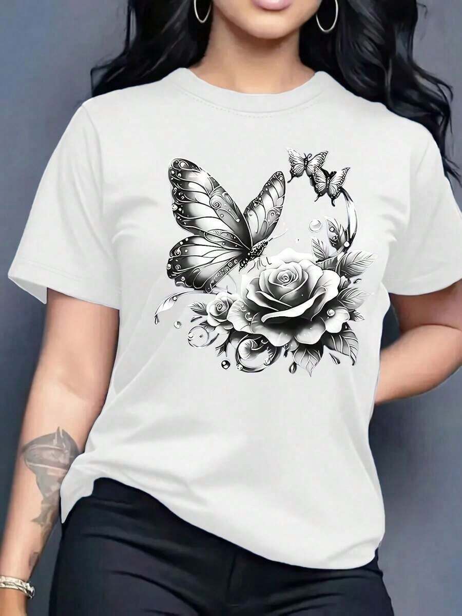 Women's Modern, Casual T-Shirt, Perfect For Parties And Lounging At Home. 100% Cotton, Loose Fit. Loose Fit. Women's Pure Cotton T-Shirt With Fashionable Letter Print, Round Neck, Simple Design, Comfortable And Breathable, Suitable For Everyday Casual Wear, Versatile, Showcases A Natural And Elegant Style, Essential For Summer Parties, Local Delivery, Urban Vintage Style, Unisex Loose Fit Cotton Short Sleeve Round Neck T-Shirt, Casualwomenblouses - 白色 - 查看 1