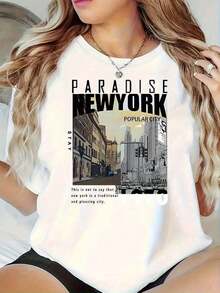 Camiseta de mujer moderna, informal, para fiestas y para estar en casa, 100% algodón, corte holgado. . De corte holgado. Camiseta Casual de Manga Corta para Mujer, Estampado de Paisaje Urbano Inspirado en Nueva York, con Gráfico de PARADISENEWYORK, Transpirable, Cuello Redondo, Tallas Estándar, Camisetas para Mujer, Moda Diaria, Tejido de Elasticidad Media, Camisetas para Mujer, Estilo Urbano Vintage, Unisex, Holgada, de Algodón, Manga Corta, Cuello Redondo, Camiseta, blusasparadamacasuales - Blanco - Ver 7