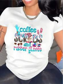 Camiseta Blanca de Algodón Puro para Mujer 100% Algodón: Estilo Moderno y Cómodo: Camiseta con motivos de café, bata quirúrgica y guantes para uso diario informal. - Blanco - Ver 6