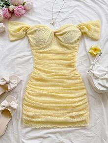 Vestido mini ajustado de punto rojo con hombros descubiertos para mujer, diseño con espalda calada, adecuado para vacaciones, citas, té de la tarde, temporada de bodas, playa, crucero, vacaciones en la ciudad, vacaciones bohemias, festivales de - Amarillo - Ver 3