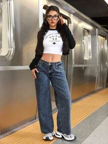 PETITE Pantalones vaqueros casuales de pierna ancha y bolsillos sueltos para mujer - Azul - Ver 6