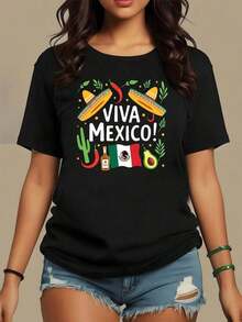 Premium Print Celebrates Mexican Culture With Sombreros, Chiles, Cacti, The Flag, Tequila, And Avocado, Evoking National Pride And Joy. Women's T-Shirt, 100% Soft And Comfortable Cotton For Everyday Wear. . - 黑色 - 查看 10