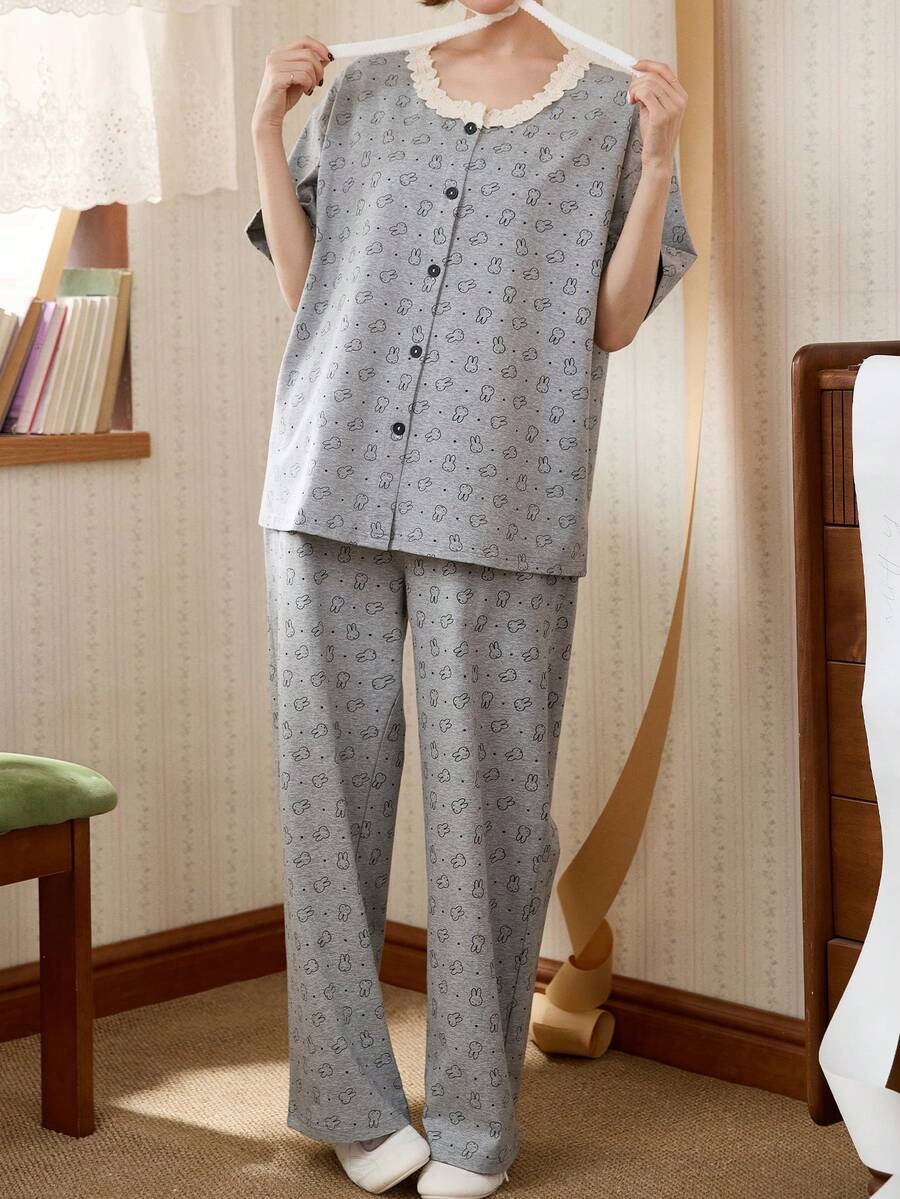 Gongdie MIFFY 女士三件套米菲睡衣，春夏纯棉睡衣套装，蕾丝边圆领纽扣开襟，卡通波点印花家居睡衣 - 灰色 - 查看 1