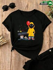 Women's T-Shirt. Women's Black Polyester T-Shirt With A Black Cat Costume Print – Casual And Breathable, National Shipping In Mexico. Comfortable And Lightweight. - 黑色 - 查看 1
