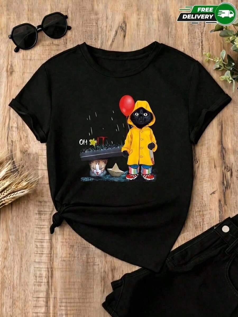 Women's T-Shirt. Women's Black Polyester T-Shirt With A Black Cat Costume Print – Casual And Breathable, National Shipping In Mexico. Comfortable And Lightweight. - 黑色 - 查看 1