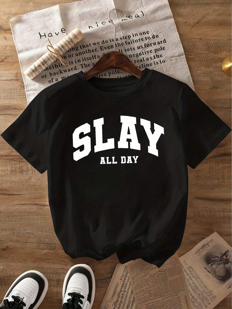 Camiseta de manga corta de alta elasticidad para mujer con estampado de letras en inglés - Blusa casual de cuello redondo, letras blancas y negras, ajuste para todas las estaciones, lavable a máquina, ideal para uso diario y salidas (ejemplo de letra '' mostrada) - Camiseta versátil estilo Y2k. - Blanco - Ver 1
