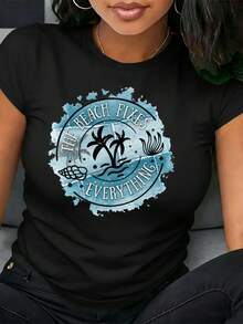 Limited Edition Women's Cotton T-Shirt, Lightweight And Breathable, With A Creative And Fun Printed Letter Design, For Casual Outdoor Wear In Spring And Summer, Holiday Parties, Versatile And Stylish With Palm Tree Print. - 黑色 - 查看 12
