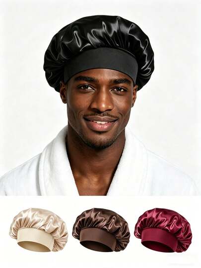 1pc Of Men's Sleep Caps, Made Of Pure Color Wide-Brimmed Elastic Smooth Satin Material, Suitable For Both Men And Women, Providing A Casual And Comfortable Fit. They Can Be Used As Sleep Caps Or Hair Protection Caps.