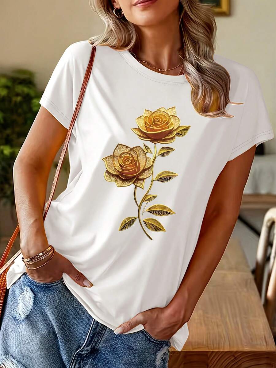 Soft 100% Cotton T-Shirt With A Metallic Texture And Openwork Design, Elegant Rose Print, Short Sleeves, Regular Fit, Round Neck, Women's Spring/Summer Casual Outdoor Wear, Lightweight And Breathable Fabric, Ideal Gift For Daughter, Sister, Birthday, Best Friend, Mother, Family. Breathable Cotton T-Shirt, Goes With Everything. - 白色 - 查看 1