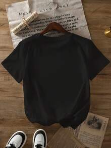 Soft 100% Cotton T-Shirt With Letter Print, Short Sleeve, Round Neck, Casual Top, Women's Clothing, Breathable Cotton T-Shirt, Goes With Everything, Great. - 黑色 - 查看 2