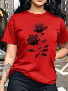Elegant Ladies' T-Shirt | Unique Rose Pattern - Casual Crew Neck Top | Breathable And Lightweight, Perfect For Spring And Summer Wardrobes - Unisex Loose Cotton Short Sleeve Crew Neck T-Shirt In Urban Vintage Style. - 紅色 - 查看 3