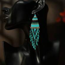 AHAYA Handmade Geometric Long Tube Bead Earrings, Fashion Tassel Drop Earrings With Glass Beads, Versatile Beaded Earrings Suitable For Daily Wear And Vacation - Blue - View 2