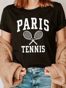 Fashionable Paris Tennis Letter Print T-Shirt, Short Sleeve, Round Neck, Casual Top For Summer And Spring, Women's Clothing, Comfortable Cotton T-Shirt - 黑色 - 查看 6
