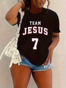 Talla Grande, Camiseta de Mujer Talla Grande con Estampado de Letras TEAM JESUS - Blusa Casual de Manga Corta Oversize con TEAM JESUS, Cuello Redondo para Verano - Lavable a Máquina - Camiseta de Algodón Cómoda - Negro - Ver 6