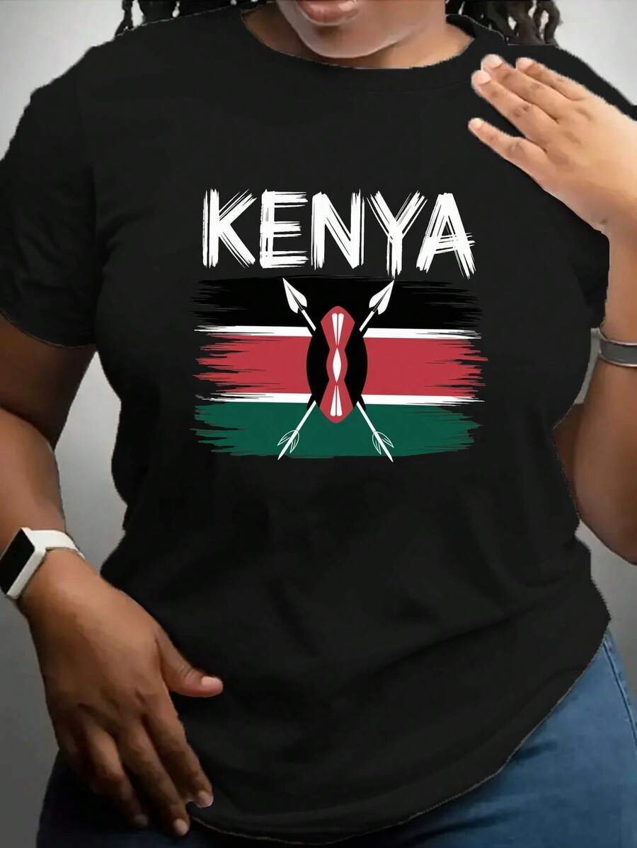 VivaGlam-Kenya Flag Your Maasai Shield Women's Pure Comfortable T-Shirt, Relaxed Fit, Everyday Tshirt, Top, Round Neck Tee, Soft Fabric, Breathable Material, Printed Tee, Basic Tee, Streetwear Style, Casual Wardrobe - 黑色 - 查看 1