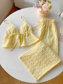 Conjunto casual de 2 piezas de mujer con rayas tejidas, para primavera/verano - Amarillo 2 - Ver 6