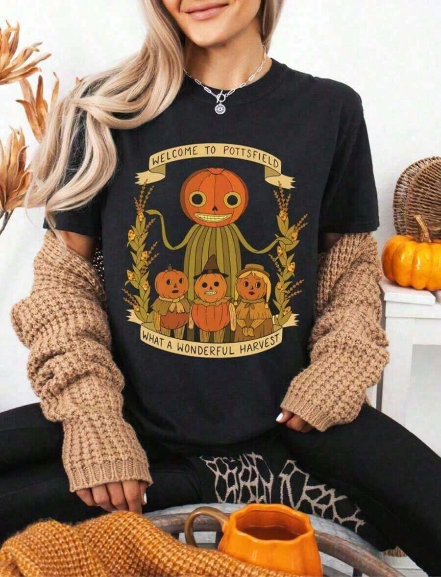 Retro Distressed Vampire Graphic Crew Neck Short Sleeve T-Shirt, Basic Solid Casual Summer Top For Women - 黑色 5 - 查看 1