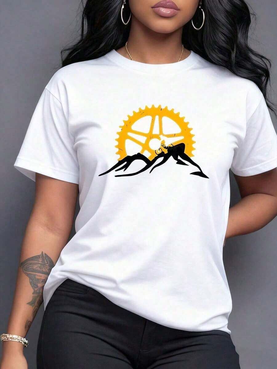 Women's T-Shirt With Mountain Bike Design And Gold Gear, Casual And Sporty Style, Ideal For Outdoor Adventures And Expressing Your Passion For Cycling., Maija Women Curvy. - 白色 - 查看 1