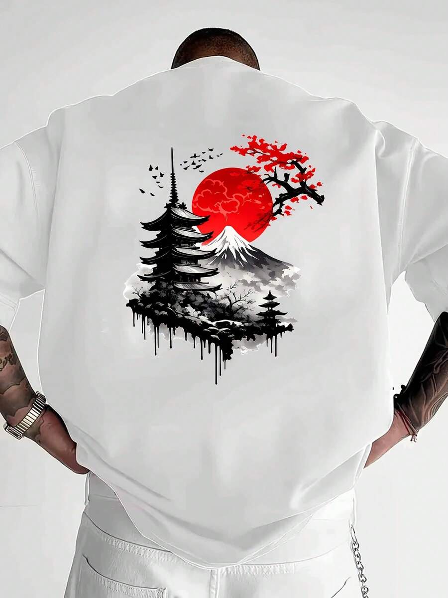 Camiseta holgada y cómoda de estilo casual japonés con diseño de torre de montaña y sol rojo. Diseño de arquitectura tradicional y escena de montaña con flores de cerezo. Camiseta estampada de manga corta a la moda para hombres y mujeres. Prenda casual versátil para el verano. Ropa con temática cultural japonesa. - Blanco - Ver 1