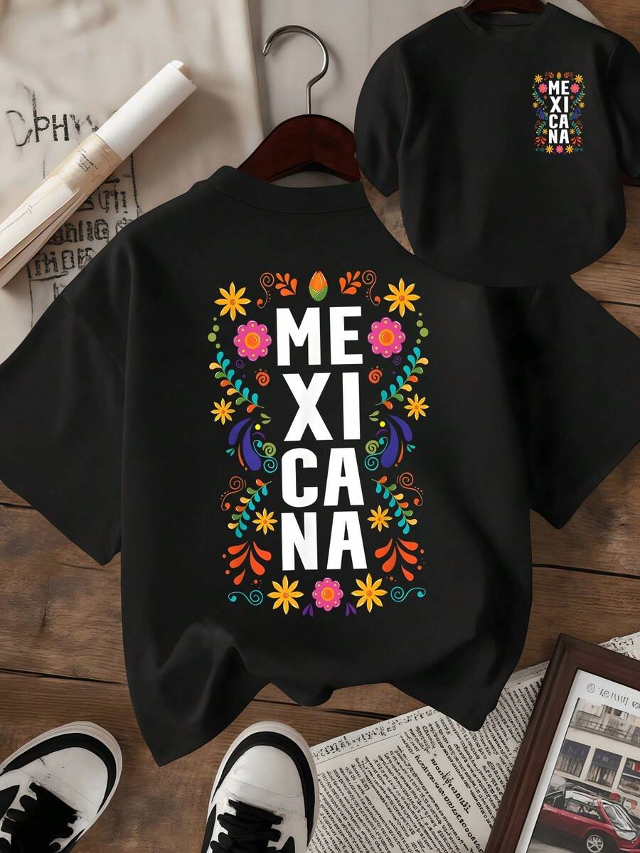 Flores coloridas y formas tradicionales que evocan la alegría y orgullo de la cultura mexicana con detalles vibrantes y energía positiva camiseta de mujer estampado doble elegante casual moderna - Negro - Ver 1
