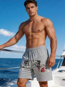 Pantalones cortos deportivos casuales para hombres, diseño con estampado de letras retro, pantalones cortos bermudas grises con cordón, de ajuste holgado y versátil - Gris - Ver 8