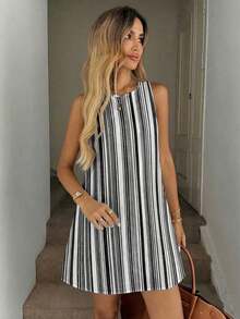 Vestido informal de lino sin mangas con corte evasé y bolsillos acolchados, conjunto elegante de vacaciones con estilo "Old Money" para mujer - Multicolor - Ver 3