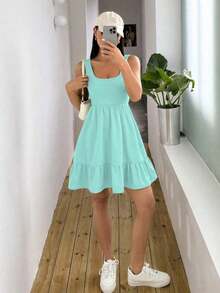 Vestido sin mangas de mujer con dobladillo de volantes, parches de color liso y textura acanalada - verde menta - Ver 5