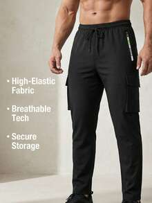 Cargo Sweatpants, Drawstring Elastic Waist Straight Leg Casual Pants With Side Zipper Pockets & Cargo Pockets, Suitable For Daily Wear, Gym, Outdoor, Multi-Scenario Sports - Black - View 2
