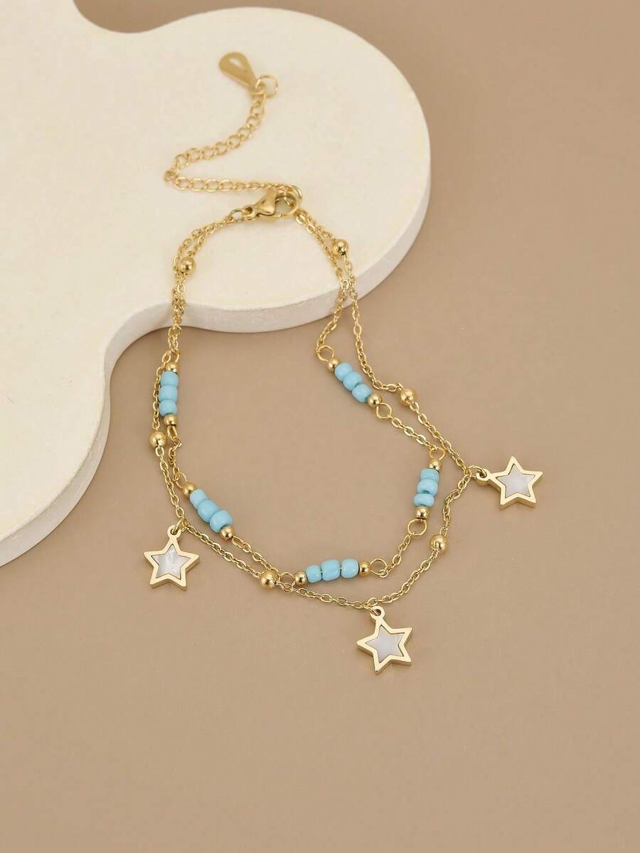 1 chiếc vòng chân hai lớp bằng thép không gỉ đính hạt hình ngôi sao thời trang cho nữ, hạt vàng nhỏ, trang sức vàng, trang sức thép không gỉ, phụ kiện nữ, trang sức phương Tây, phụ kiện đi biển cho nữ, vòng chân, mùa hè, đi biển - Nhiều màu - Xem 1