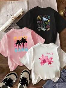 Nueva camiseta de moda para mujer, conjunto de 1 pieza, estampado floral de vida marina y cocotero, cuello redondo, talla grande, camiseta de verano de algodón puro, holgada y adelgazante, entrega local, lavable a máquina, top casual y elegante. - Negro - Ver 8