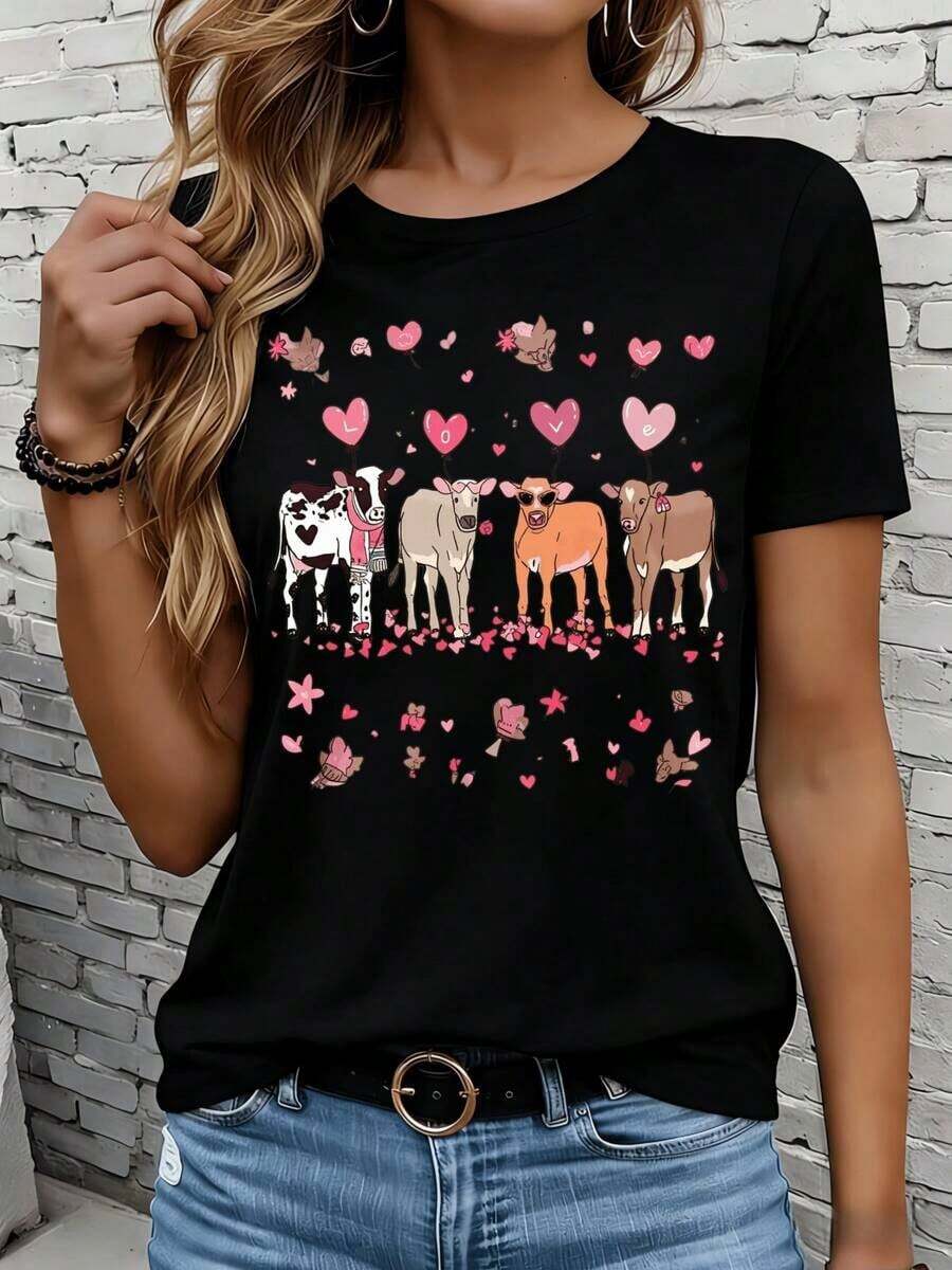 Women's Short-Sleeved T-Shirts In Black And White Are Suitable For Everyday Wear, Lounging At Home, And Outdoor Activities. This Women's T-Shirt Features A Cow Print With A Heart, Love Balloons, And Stars, Making It An Ideal Gift For Valentine's Day Or Other Special Occasions. - 黑色 - 查看 1