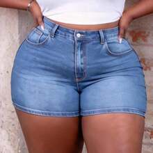 Plus Size Blue Denim Shorts, Casual Skinny Stretch Shorts Summer For Women Vacation Women Cowgirl For Women Western Wear Women Business Casual Woman Festival Airport For Women Graduation 4th Of July Comfy Shorts - Lavado ligero - Ver 5