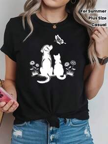Camiseta de talla grande para mujer con estampado gráfico de gatos, perros y mariposas, manga corta, cuello redondo, estilo casual para verano y primavera, ropa de mujer. - Negro - Ver 1